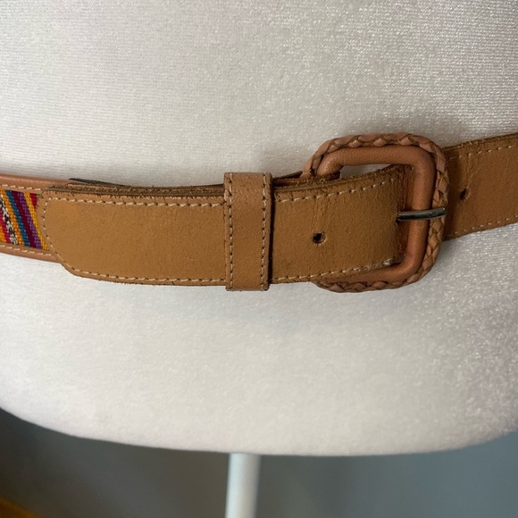 Omega VTG Colorful Cotton Striped and Honey Tan Leather Guatemalan Belt Size L - Picture 3 of 9